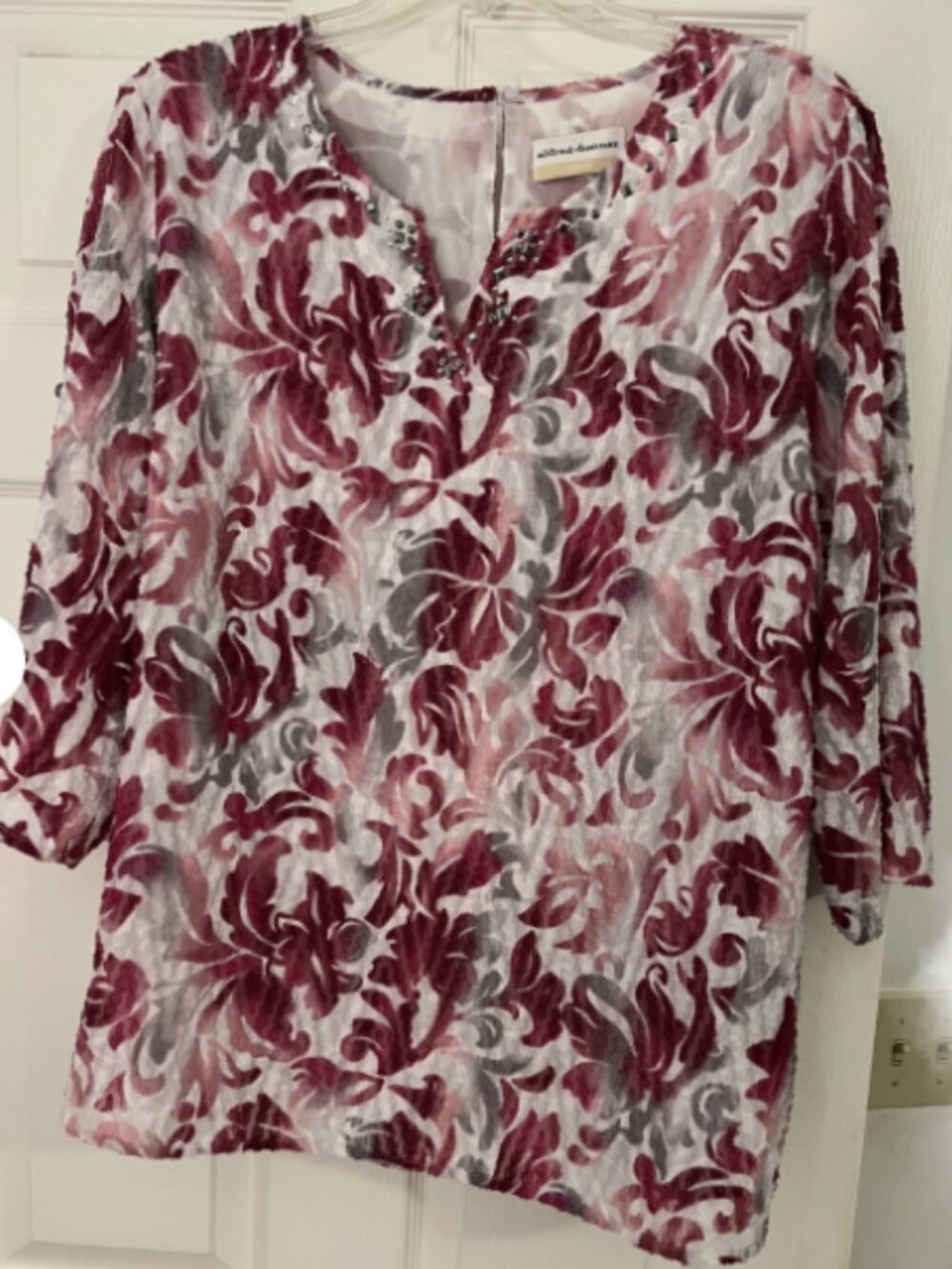 Alfred Dunner 16W Pink Burgundy BOHO Sequin 3/4 Sleeve Lined Top Blouse+Earring